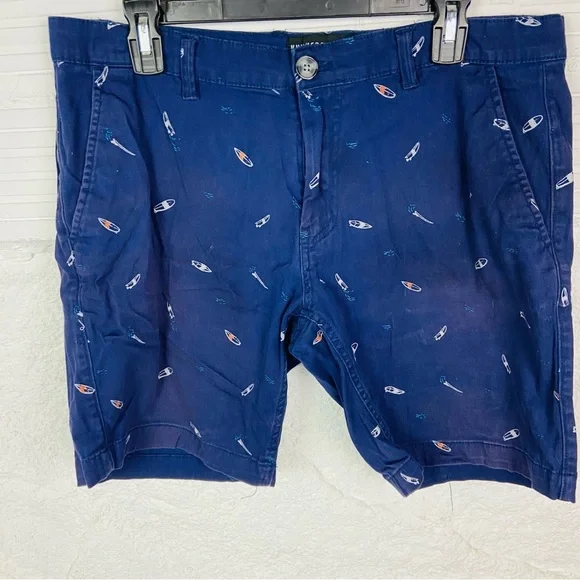 Knickerbocker navy Blue Flat Front cotton stretch surfboard print Shorts SZ 33 - Picture 3 of 11